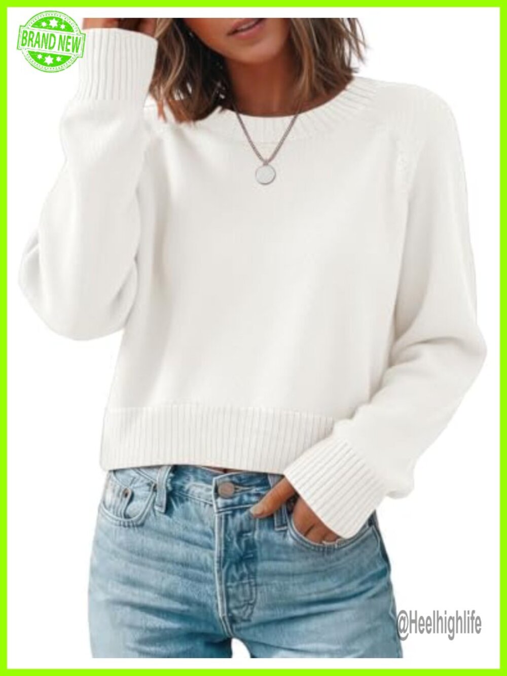 Cropped Crewneck Long Sleeve Pullover Sweater - Fall Women's Knit Top